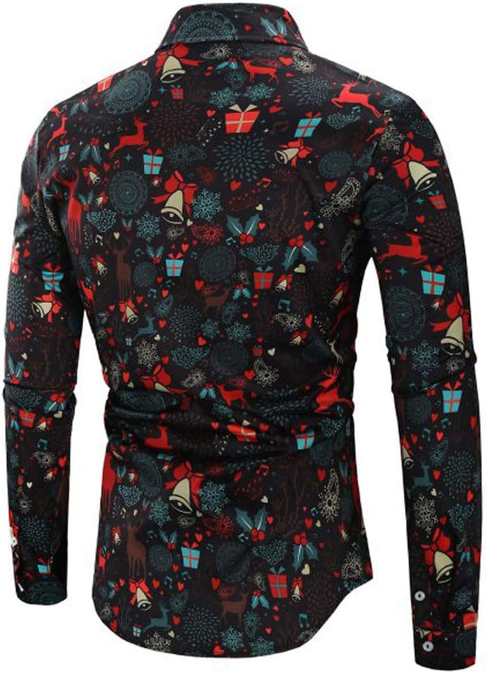 discountstore145 Christmas Shirt, Santa Claus Party Prints Apparel Long Sleeve Casual Hawaiian-Shirt Button Down Dress Shirts Soft Bright Colors Shirt for Men Blue Elk L