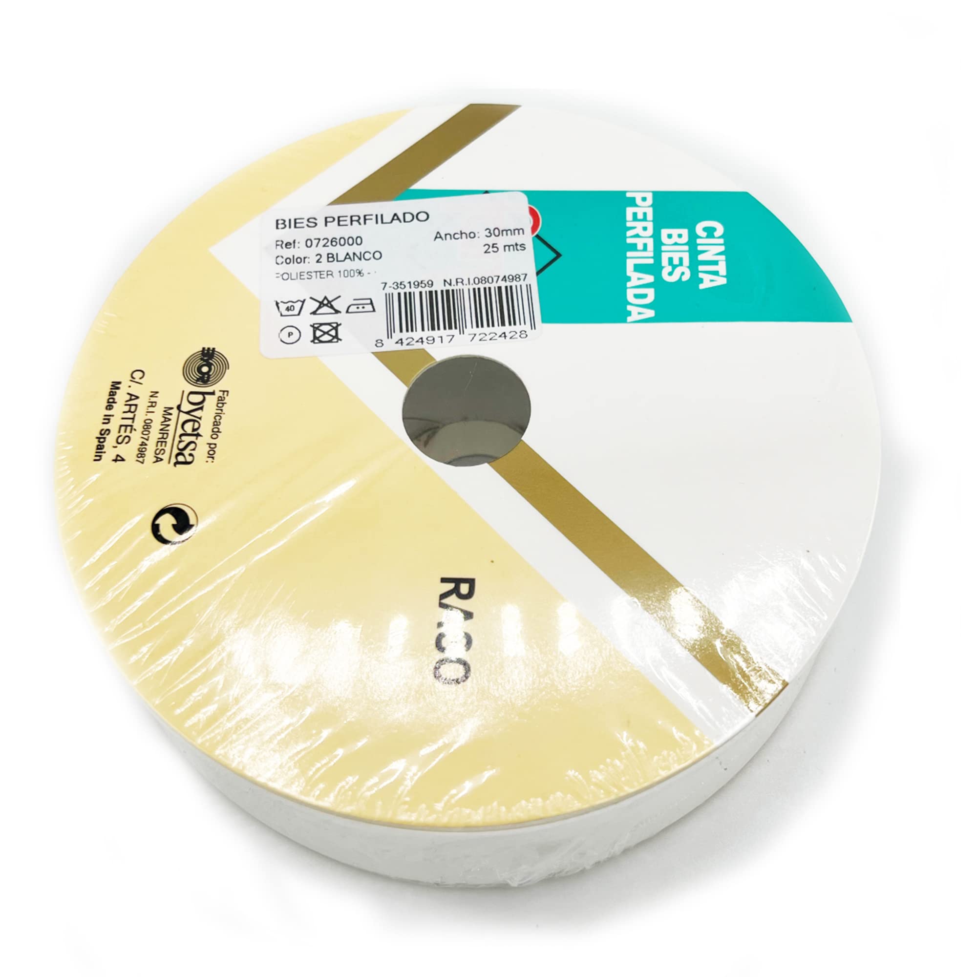White Byetsa Satin Fold 30mm Bias Binding on a 25m Roll