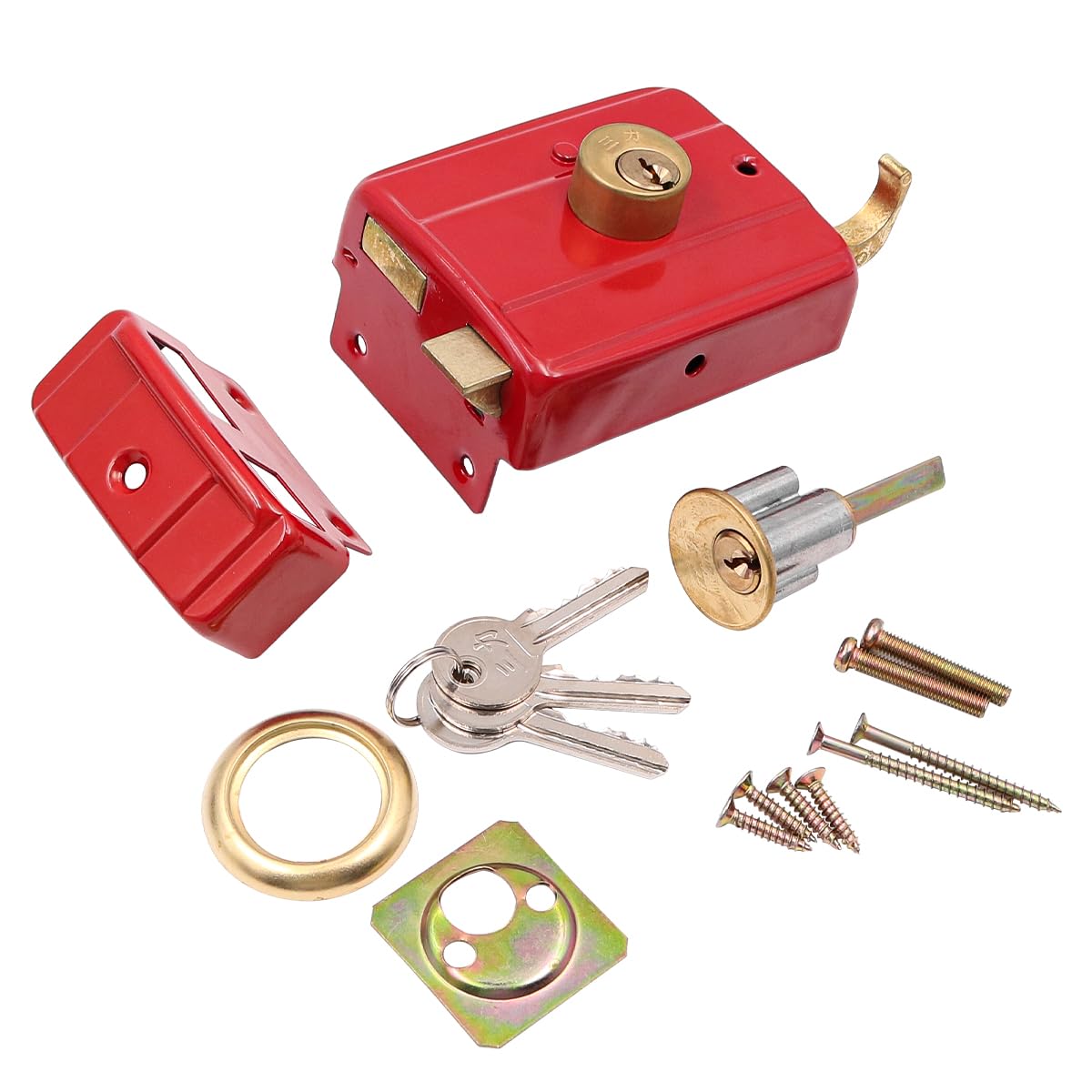 ZONADAH Traditional Nightlatch with Chain Deadbolt Security Lock Red Rim Door Lock with Keys Exterior Front Door Latch Anti-Theft Safety Lock Multiple Insurance Lock