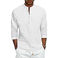 Karlywindow Mens Linen Henley Shirts Long Sleeve Hippie Yoga Summer Beach Casual Henleys T-Shirt