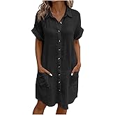 GOSEAGOTOFUN Tshirt Dress with Pockets Womens Button Down Shirt Dress Summer Shorts Sleeve Cotton Linen Casual Midi Dress