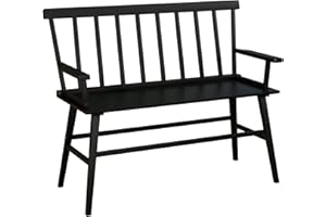 Wisuce Essentials Bamboo Dining Bench, Black Entryway Bench with Spindle Back Farmhouse Wood Windsor for Foyer Balcony Living Room (Nature) (Black with Arm)
