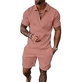 UOUA Mens Summer Track Suits 2 Piece Shorts Sets Short Sleeve Sweatsuit Outfits 1/4 Zip Golf Polo Shirts Loungewear