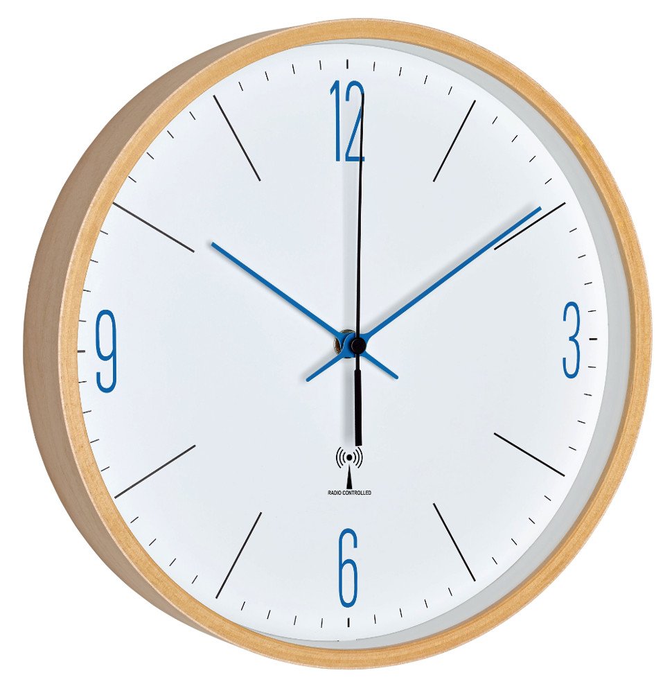 TFA Dostmann Analogue Design Radio Wall Clock with Maple Frame, Glass, White/Blue, 25.5 x 4.5 x 25.5 cm