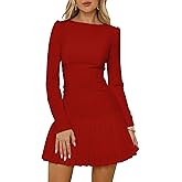 Aprilake Women's Long Sleeve Mini Dress Sexy Boat Neck Pleated A-line Party Dresses