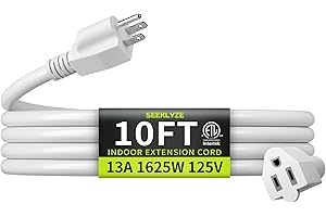 SEEKLYZE 16/3 White Extension Cord 10 FT, Indoor Extension Cord for Laptops, Coffee Makers, Office Home Appliances, 3 Prong Resistant Cable Flexible, 13A 125V 1625W ETL Listed
