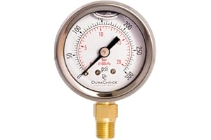 DuraChoice 1-1/2" Oil Filled Pressure Gauge - Stainless Steel Case, Brass, 1/8" NPT, Lower Mount Connection, 0-1000PSI