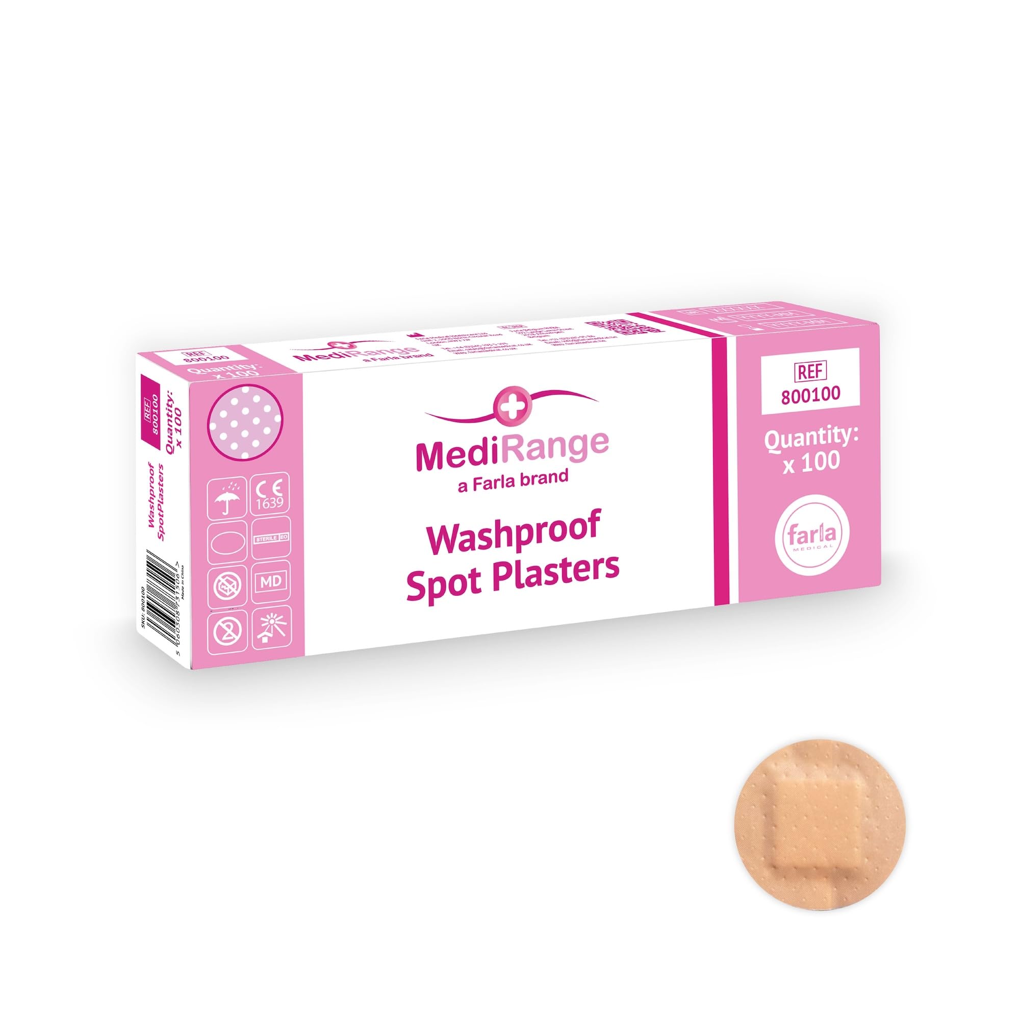 MediRange Washproof Spot Plasters, Sterile Plasters for First Aid Kit, 2.5cm Diameter, Pack of 100