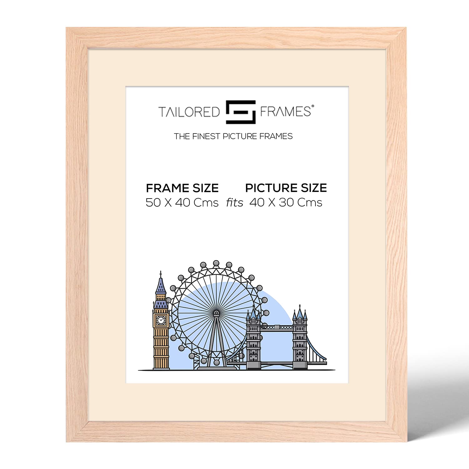 Tailored Frames 99 Solid Natural Oak 50 x 40Cm Frame for 30 x 40Cm Picture | Single Picture Frames | Wall Hanging Type | Photo Frame with Antique Mount