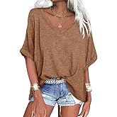 UNCLECAT Women's V Neck Oversized T-Shirts Summer Short Sleeve Shirts Loose Casual Tops Tee