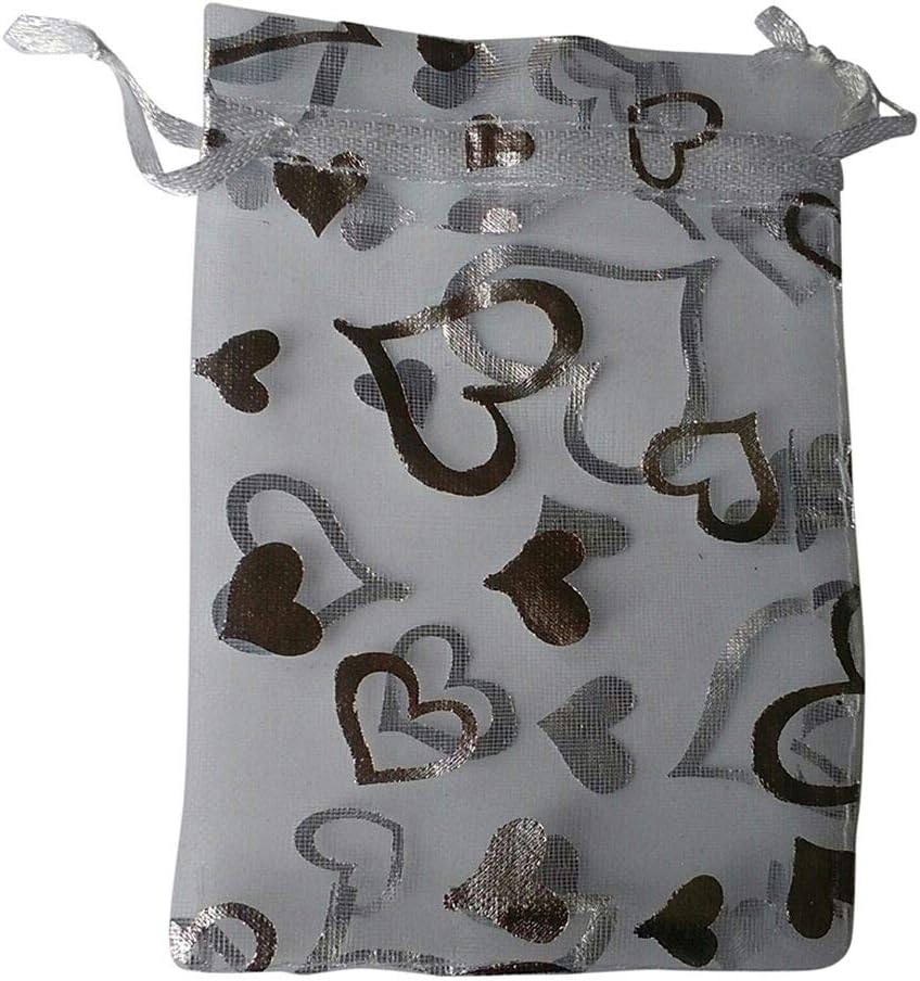 25 x Finest Quality Organza Bags 10x12cm Wedding Favour Party Gift Bags, UK Seller (White - Silver Hearts)