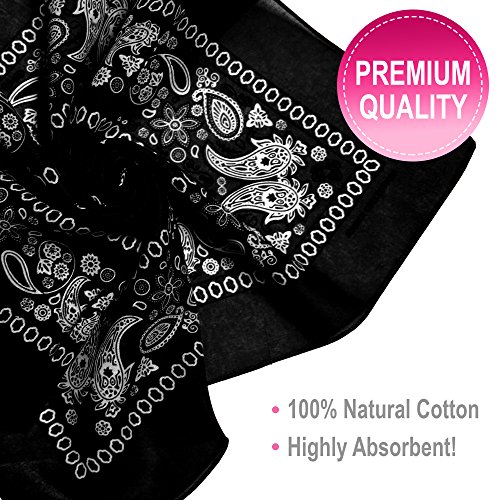 Basico Bandanas Value Pack 100% Cotton Paisley Head Wrap with Tube Face Mask/Headband (6pk- Black)