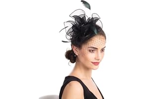 SAFERIN Women's Fascinators Feathers Tea Party Hat Veil Headband with Hair Clip for Cocktail Church