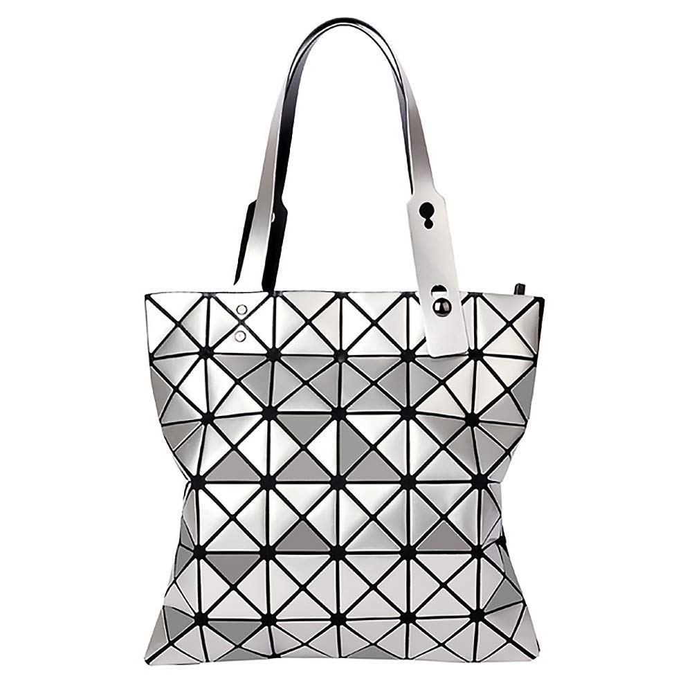Womens Top-Handle Bags, Geometric Luminous Shoulder Bag, Foldable PVC Leather Shard Lattice Tote Bag (Silver)