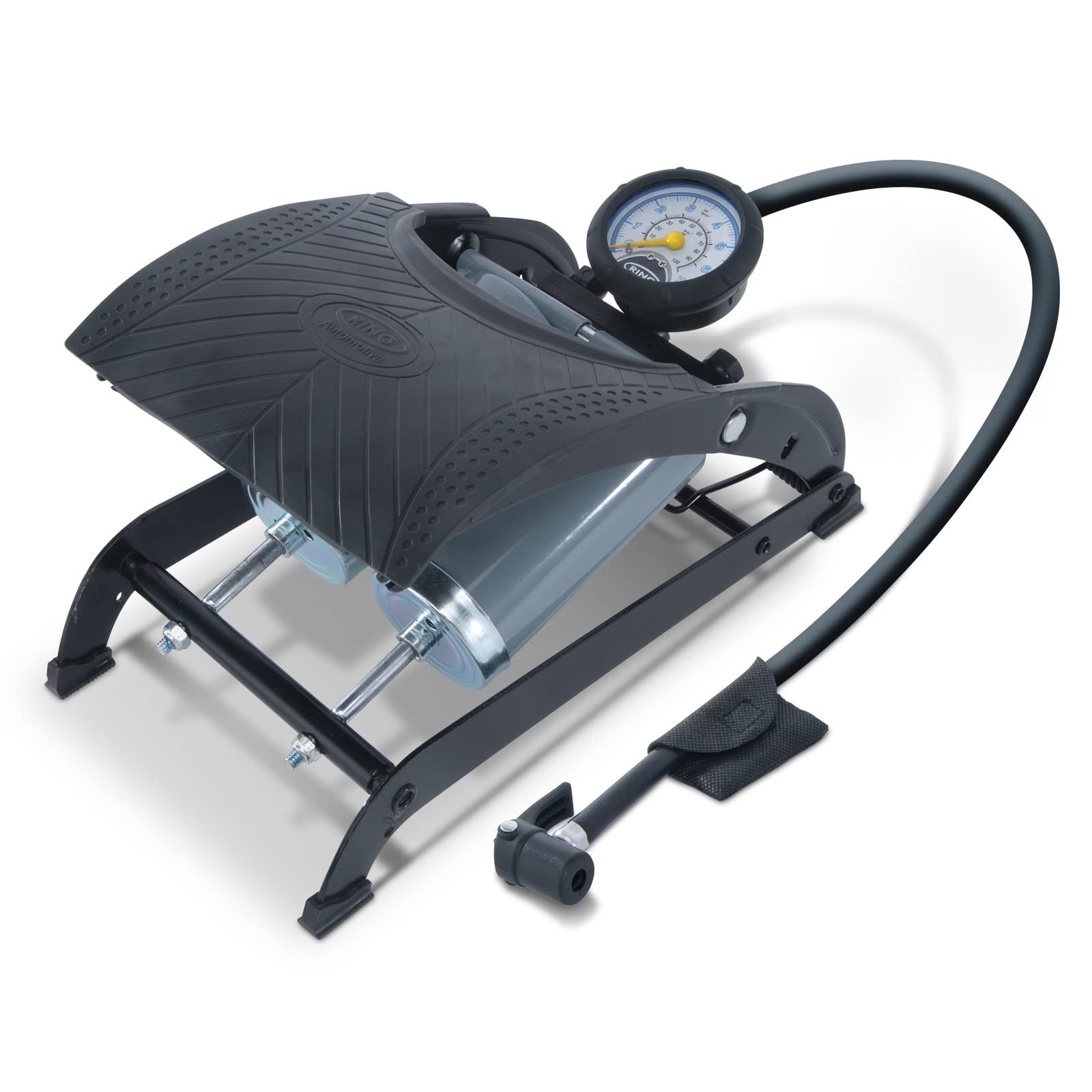 RING Double Barrel Foot Pump With Adaptors Kit: Durable Anti-Slip Rubber Tread Plate