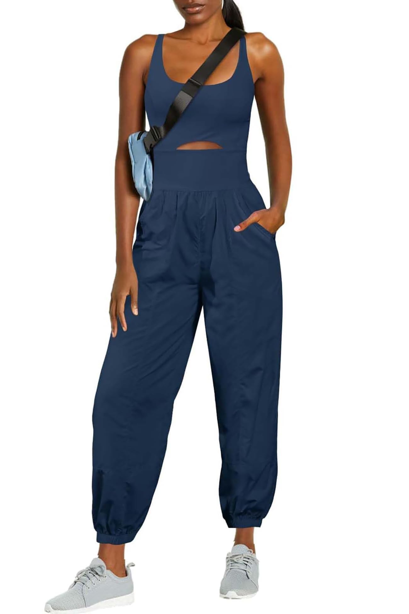 Photo 1 of ReachMe Womens Workout Romper Running Onesie Gym Yoga Pants Hiking Outfits Sleeveless One Piece Jumpsuits with Pockets(Navy Blue,M)