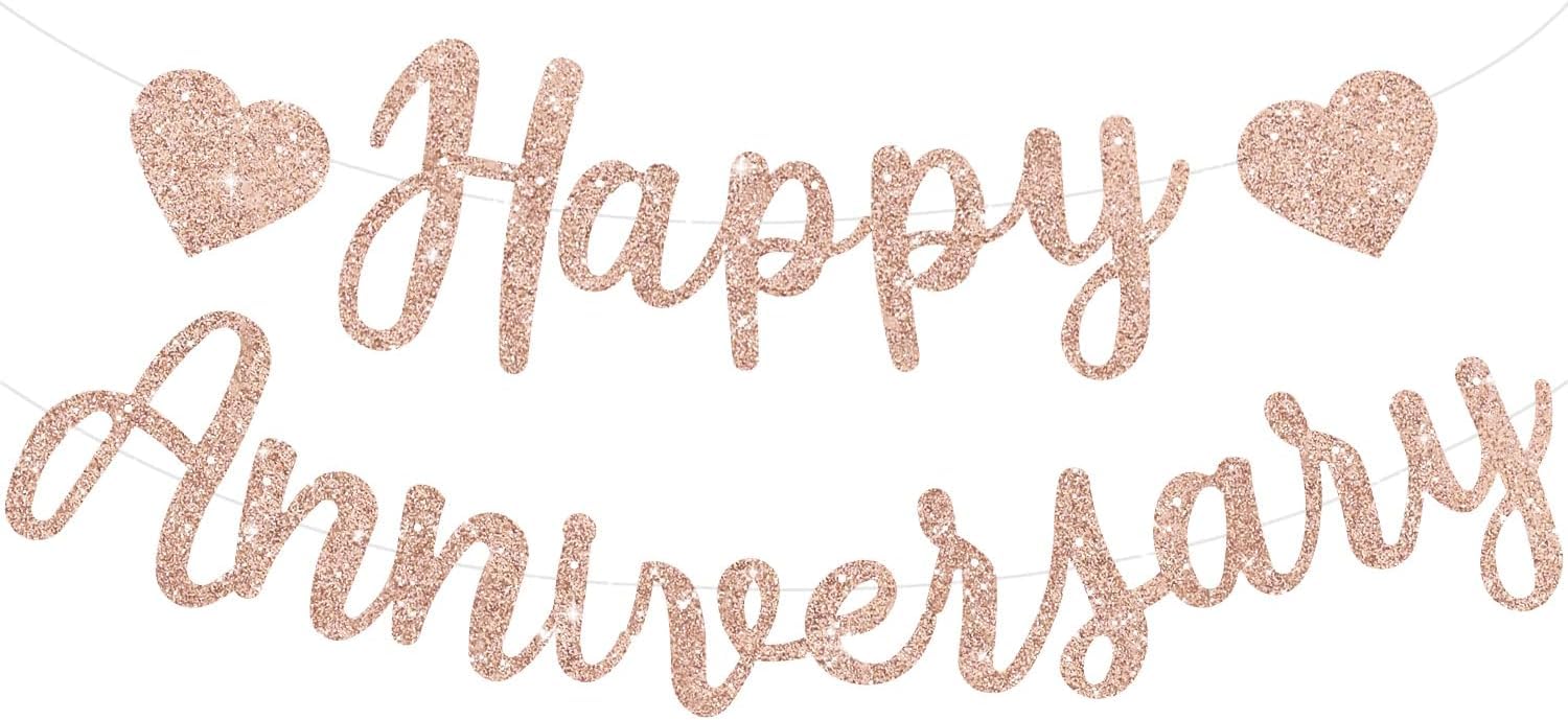 TONIFUL Rose Gold Happy Anniversary Banner - Pre-Strung Glitter Garland, No DIY Sign for Anniversary Wedding — image 1