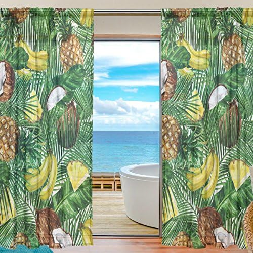 Yibaihe Sheer Window Curtain Panels Long Fashion Morden Watercolor Tropical Fruits 55" W x 84" L Set Of 2 For Living Room Bedroom Kitchen Window