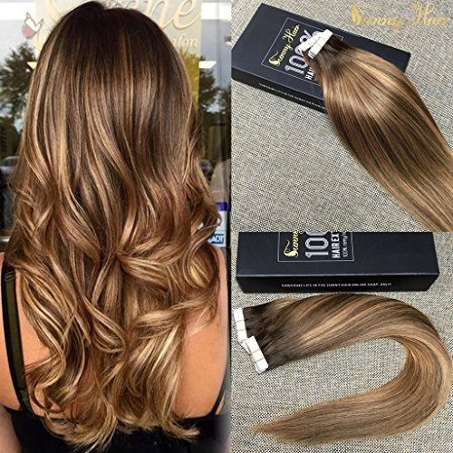 Sunny 50g/20pcs Chocolate Brown Fade to Honey Blonde(colour 27) Mixed #4 100% Remy Brazilian Hair Ombre Tape in Straight Human Hair Extensions 16inch