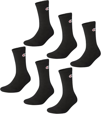 Champion Unisex Basics 6 Pack Crew Ankle Socks Black UK Size 6-8