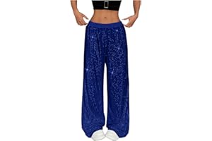 BREAISE Women Sequin Pants Wide Leg Sparkly Glitter Elastic Waisted Palazzo Pants Shiny Party Trousers Night Out Clubwear