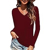 Elesomo Long Sleeve Shirts for Women Cotton Tshirts V Neck Spring Tops Basic Tee