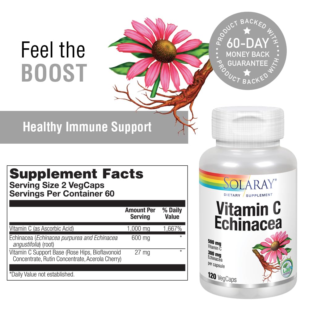 SOLARAY Vitamin C & Echinacea Root | Healthy Immune System Support w/ 500 mg VIT C & 300 mg Echinacea Per Capsule | Non-GMO & Vegan | 120 VegCaps