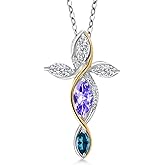 Cross Necklace For Women In 925 Silver and 10K Yellow Gold with Tanzanite and Lab Grown Diamond and London Blue Topaz | 1.31 Cttw | Jesus Christian Religious Crucifix | Marquise 8X4MM | 18 Inch Chain