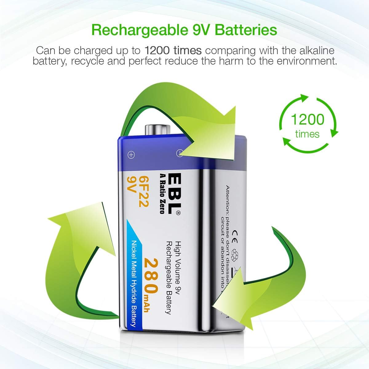EBL 9V Rechargeable Batteries NiMH Everyday 280mAh 9V Battery for Smoke Alarm Detector, 4-Packs: Home Audio & Theater