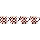 MACKENZIE-CHILDS Set of 4 Stoneware Mugs, Cute Tea and Coffee Mugs, 11 Ounces, Red-and-White Cherry Check