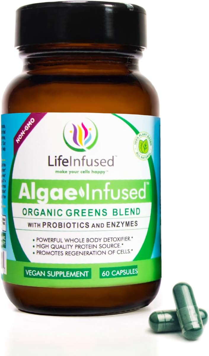 Life Infused® Algae Infused™ Organic Greens Superfoods with Enzymes. Contains Blue-Green Algae AFA, Spirulina and Chlorella for Maximum Nutrition and Detoxifying Effects. Vegan - 60 Capsules