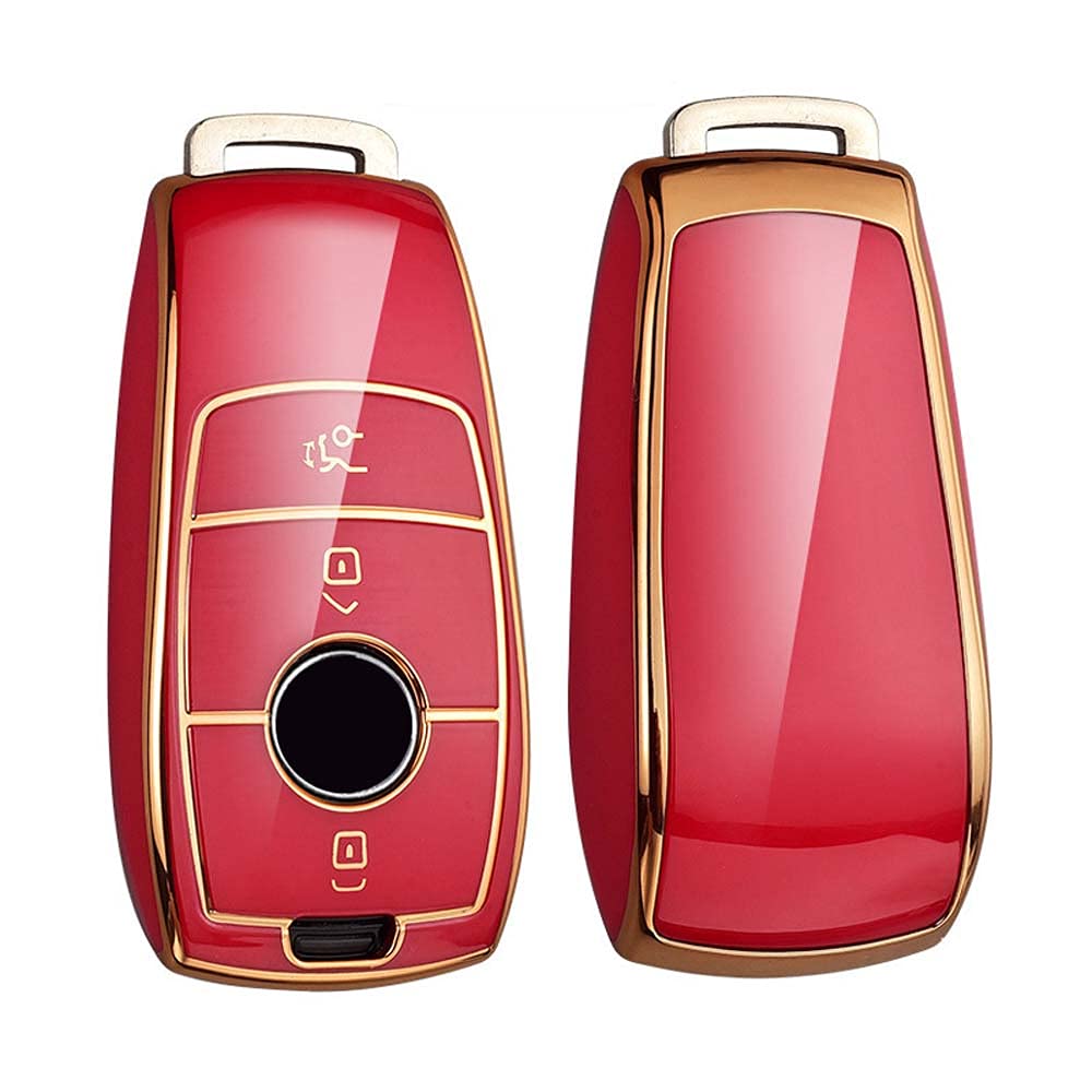 HIBEYO Smart Car Key TPU Case for Green/Gold 3 Protective Key Case Cover for Mercedes Class E S A CLA GLA GLE GLC GLK AMG Key Box Remote Key Case (Red-Gold)