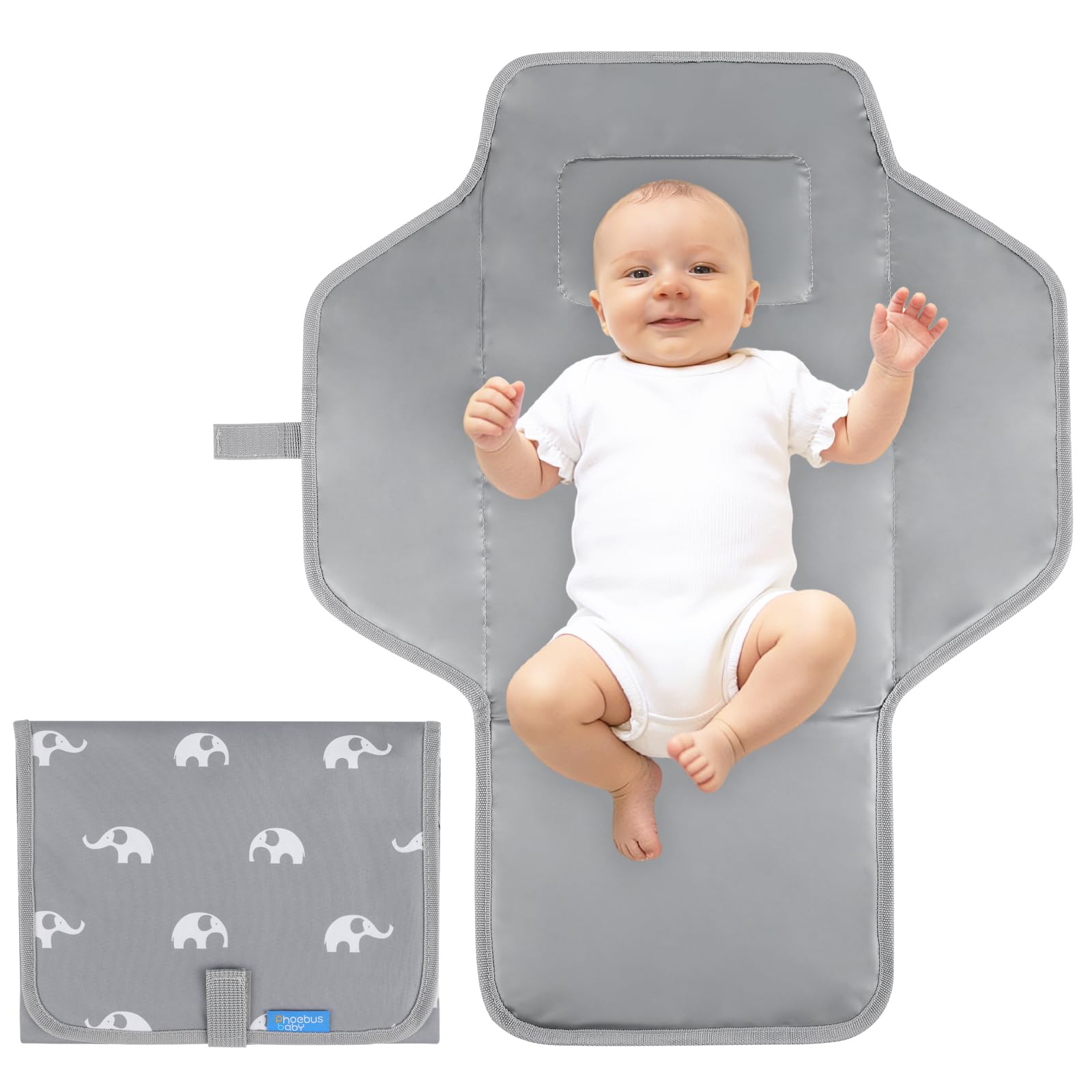 PHOEBUS BABY Portable Changing Mat Travel - Waterproof Compact Diaper Changing Pad with Built-in Pillow - Lightweight & Foldable Changing Station, Newborn Shower Gifts(Cute Elephant)