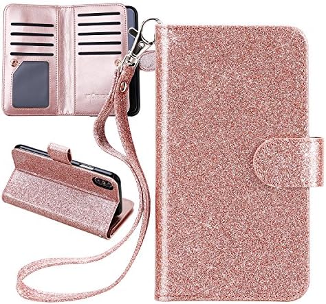 iPhone X Case, iPhone X Wallet Case, Karidge Sparkle Shiny PU Leather Folio Flip Hand Strap Magnetic Closure 9 Credit Card Slot Holder Kickstand Protective Cover for Apple iPhone X 5.8 inch, Rose Gold