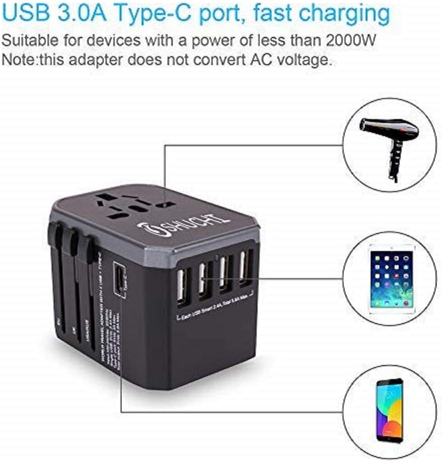 Travel Adapter, All in One Wall Charger AC with 3.0 A Type C and 4 USB for UK USA EU AUS Asia - - 