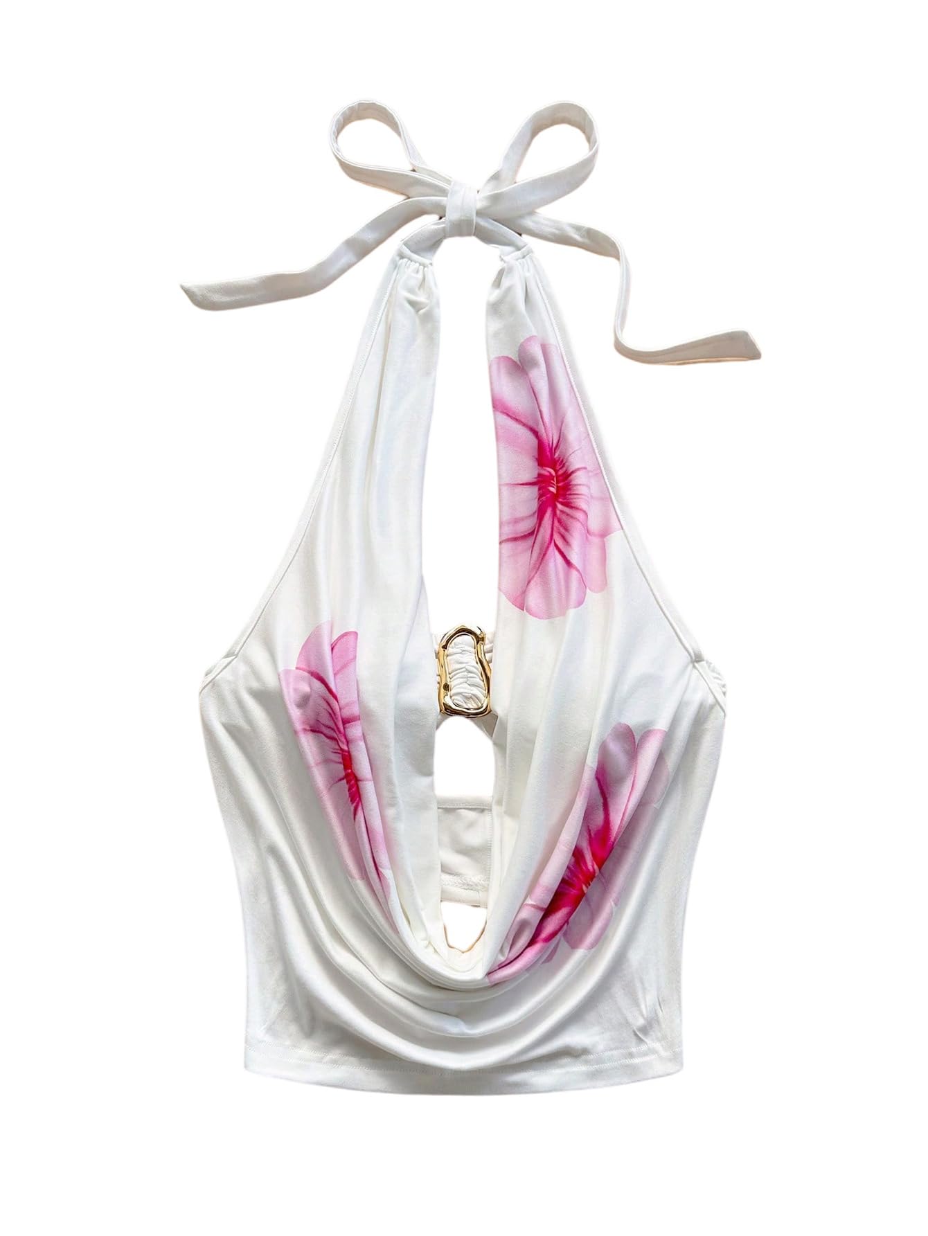 Photo 1 of SOLY HUX Women's Floral Halter Tops Sexy Deep V Neck Draped Front Backless Sleeveless Summer Vacation Top White Floral Small