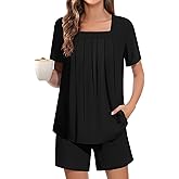 Tencede Womens 2 Piece Short Sleeve Pajama Sets Lounge Sleepwear Ladies Pjs Sets with Pockets S-2XL