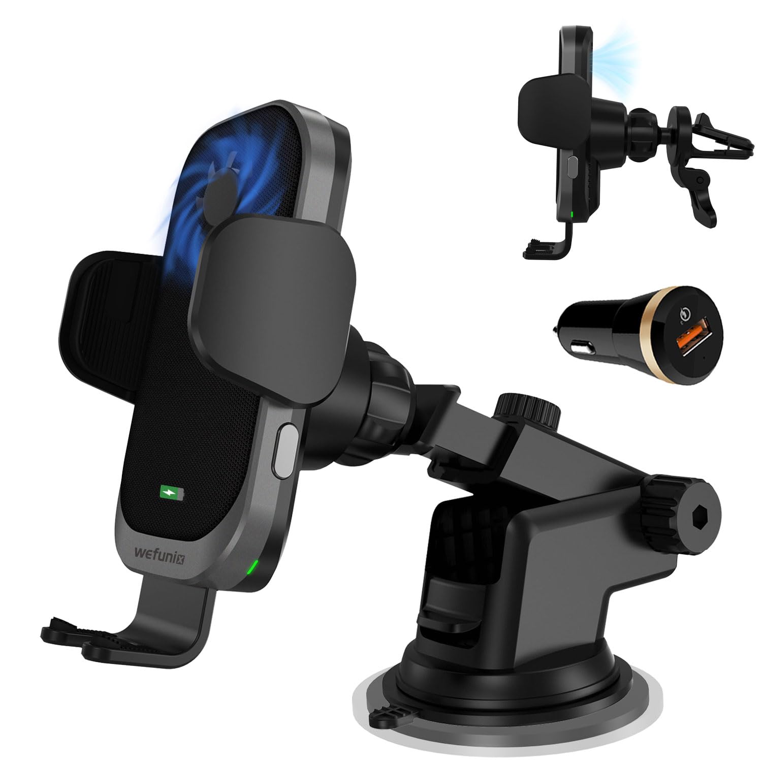 Wefunix Wireless Car Charger, 15W Fast Charging [Automatic Clamping + Fan] Car Phone Holder Phone Mount Compatible with iPhone 16 15 14 13 12 11 XS SE Samsung Galaxy S25 S24 S23 S22 S21 Note 20 Huawei