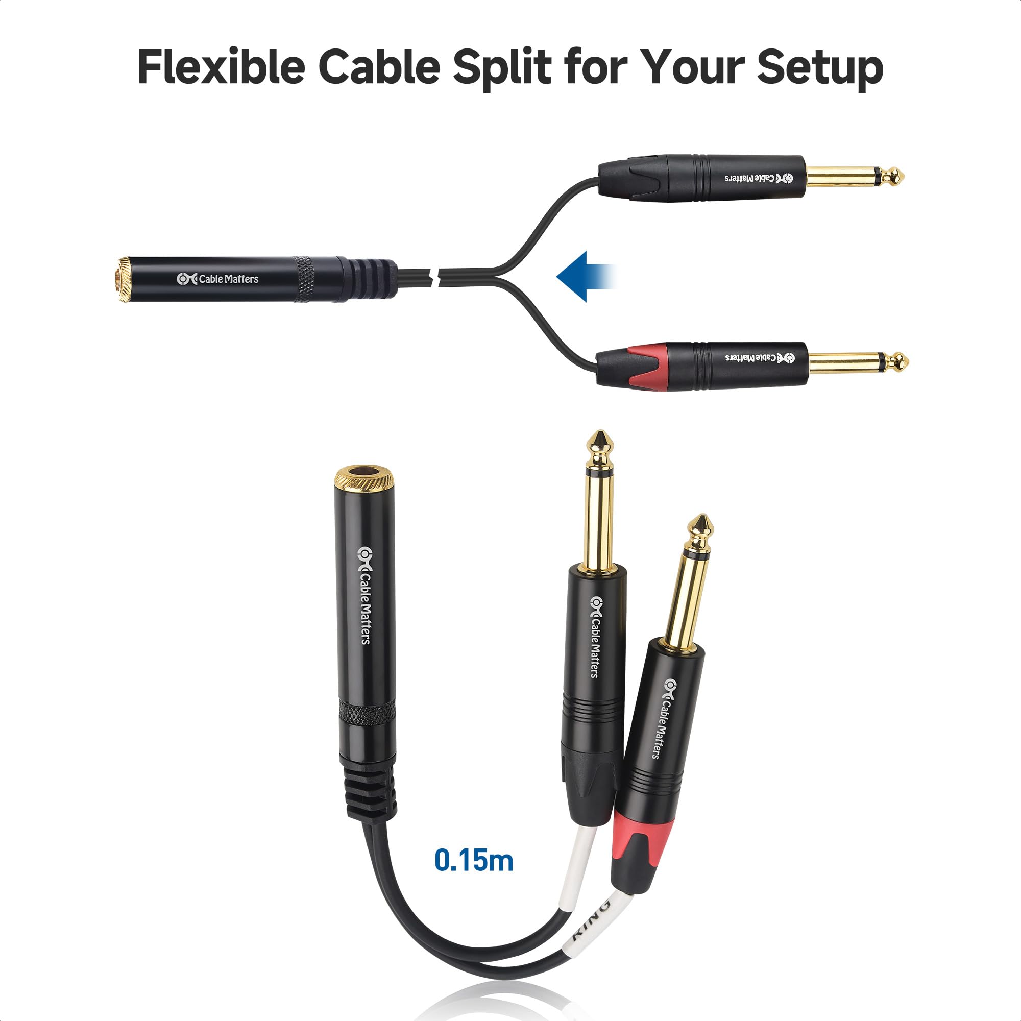 Cable Matters 2-Pack 1/4 TRS to Dual TS Stereo Audio Splitter Cable (Dual 1/4 Inch TS to TRS Female Adapter) in Black - 6 Inches / 0.15 Meters