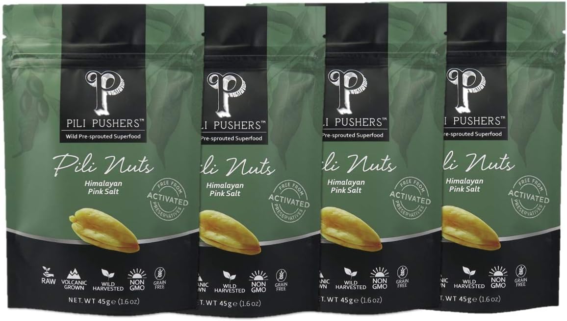 Pili Pushers Himalayan Pink Salt Pili Nuts 45g 1.59oz (Pack of 4) (Wild, Sprouted, Dehydrated)