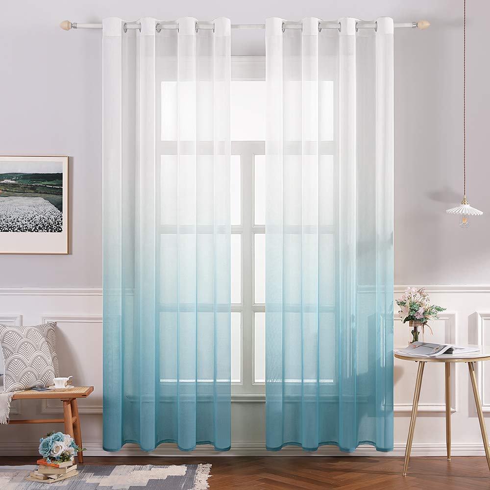 MIULEE Set of 2 Gradient Voile Curtains with Eyelets, Window Mosquito Net in Changed Polyester, Semi-Transparent Shade for Living Room, Bedroom, Office, 140 x 215 cm (L x H) Blue
