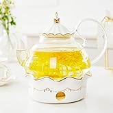 DUJUST Blooming Tea Pot Set, Luxury British Design with Relief Decor & Gold Trims, Hand-Crafted Clear Teapot with Warmer, 40oz Glass Teapot with Infuser, Stove-Safe Tea Party Gift & Home Décor