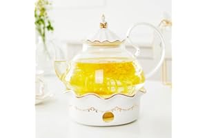 DUJUST Blooming Tea Pot Set, Luxury British Design with Relief Decor & Gold Trims, Hand-Crafted Clear Teapot with Warmer, 40o
