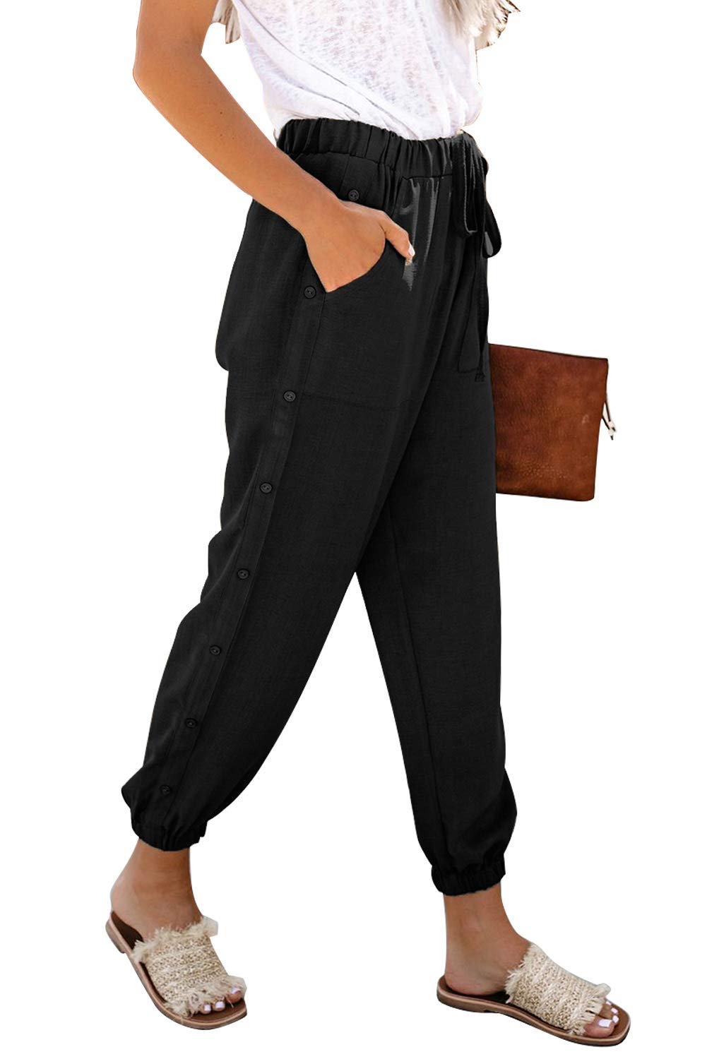NEWFANGLE Women\'s Linen Casual Pants Drawstring Elastic Waist with Pockets Solid Comfy Loose Fit Trousers,Black,S