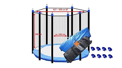 aqwshop24 Trampolin Randabdeckung Blau + Sicherheitsnetz 8 Stangen 427-430cm Ø