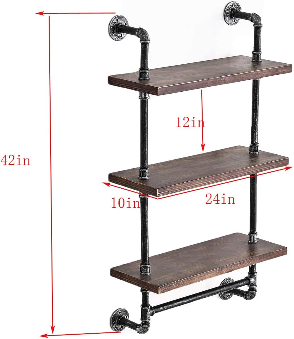 Industrial Pipe Shelf,Rustic Wall Shelf with Towel Bar,24" Towel Racks for Bathroom,3 Tiered Pipe Shelves Wood Shelf Shelving …: Kitchen & Dining