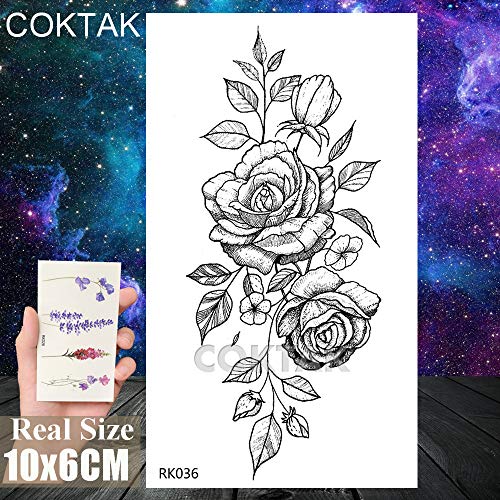 COKTAK 12Pieces/Lot Sexy Realistic Flower Temporary Tattoos For Women Girls Body Art Black Small Rose Waterproof Geometric Adult Fake Tattoo Stickers - Thumbnail 5