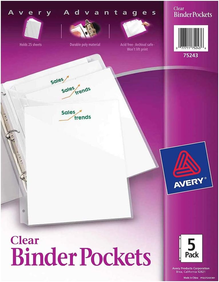 Avery Binder Pockets, Clear, 8.5" x 11", Acid-Free, Durable, 5 Slash Jackets (75243) : Office Products