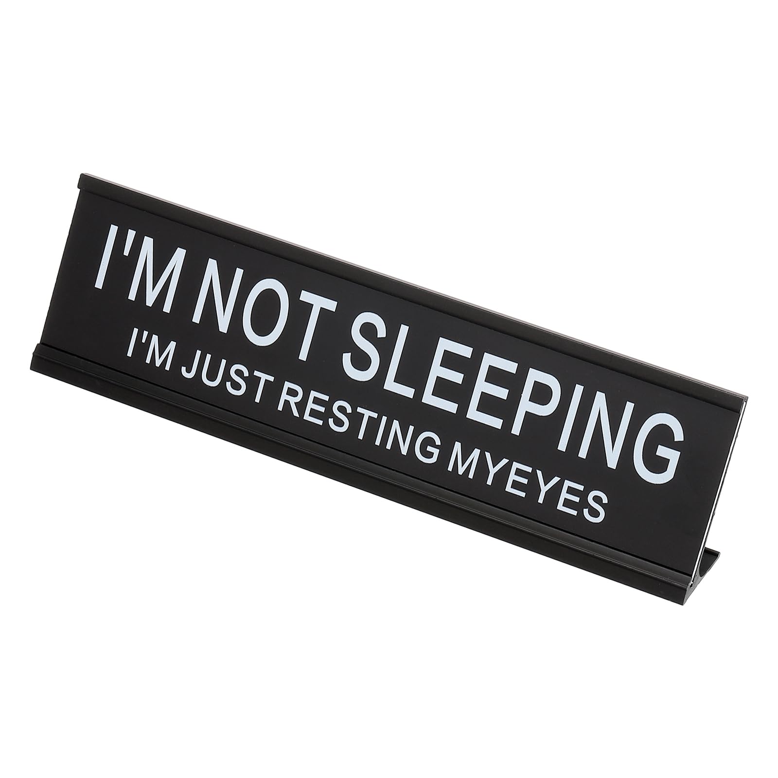 PATIKIL Funny Nameplate, 8"x2" Novelty Desk Sign Plaque Aluminum Desk Name Plate with Base for Office, Black White (I'M Not SleepingI'M Just Resting Myeyes)