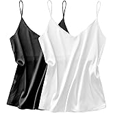 Ekouaer Satin Tank Tops for Women Silk Camisole Tops 2 Pack V Neck Spaghetti Strap Blouse Soft Dressy Camisole